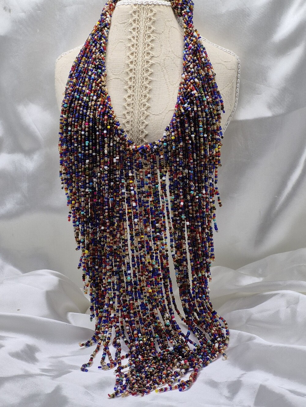Kenyan Massai Multicolor Beaded Fringe Choker Statement Necklace